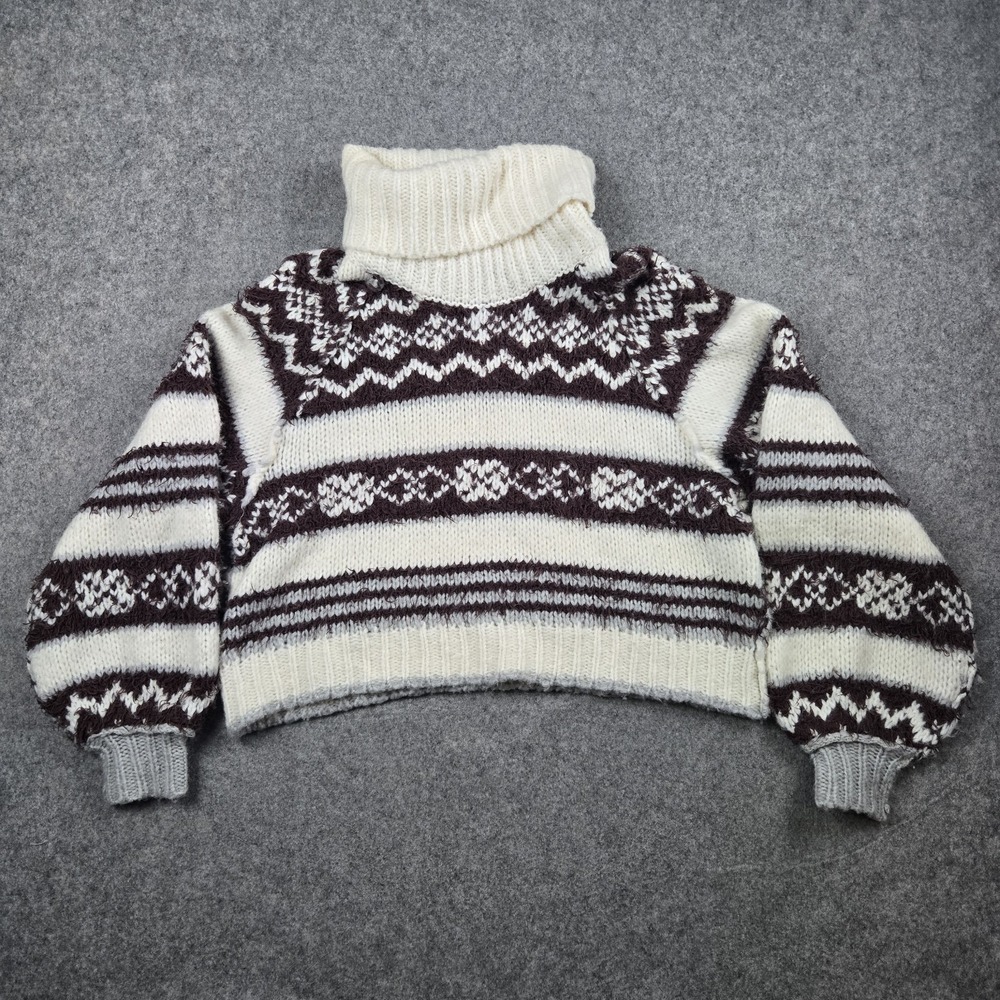 Free People Sweatshirt Womens XS White Check Me Out Turtleneck Fair Isle Cropped